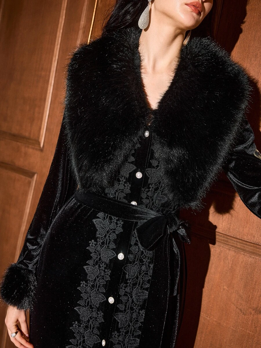 MOTF PREMIUM WOMEN'S AUTUMN/WINTER VELVET EMBROIDERED LACE TRIM FUR COLLAR LONG DRESS - Black - View 1
