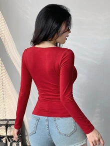 DAZY 女款素色修身百搭日常長袖T恤 - 紅色 - 查看 8