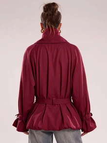 SHEIN BAE 花苞設計收腰休閒日常百搭風衣外套 - 紅色 - 查看 2