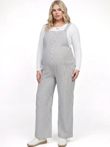 Plussiva Plus Size Maternity Striped Pocket Design Wide Leg Overalls - Grey - View 3