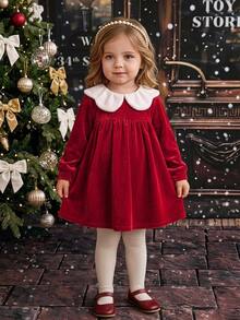 SHEIN Infant Girl Cute Corduroy Red Peter Pan Collar Colorblock Dress - Burgundy - View 2