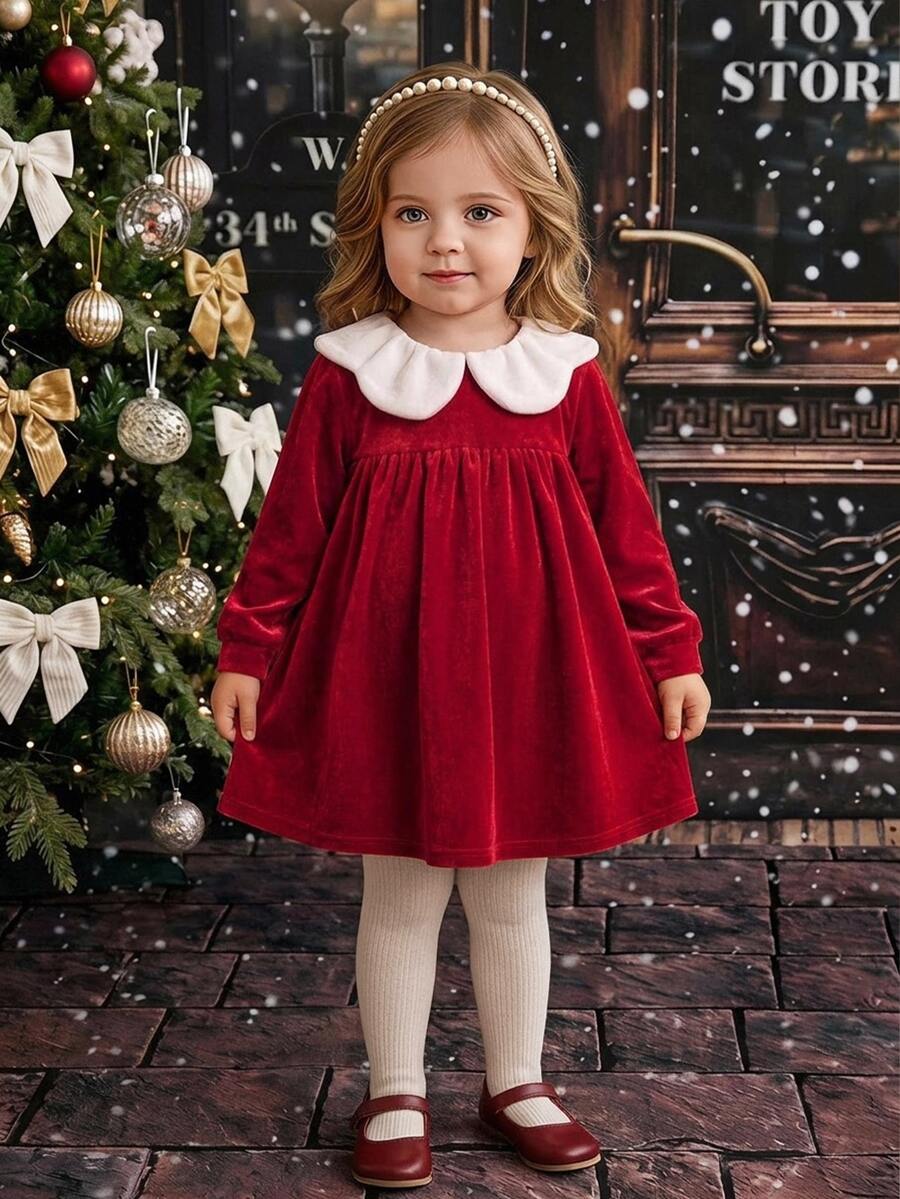 SHEIN Infant Girl Cute Corduroy Red Peter Pan Collar Colorblock Dress - Burgundy - View 1