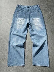 Manfinity Denimwave 男士街頭風哥德式十字印花黑白對比丹寧喇叭牛仔褲 - 淺色水洗藍 - 查看 4