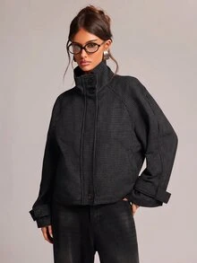SHEIN BAE 女款街頭時尚高領鈕扣長袖夾克 - 深灰色 - 查看 7
