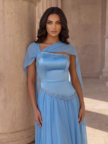 Coutiva Gaun Malam Formal Elegan Wanita dengan Hiasan Payet dan Ikat Pinggang - Biru - View 11