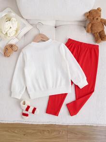 SHEIN Baby Girl Contrast Color 3D Embroidered Strawberry Decor Elastic Ribbed Thick Textured Fabric Cardigan Top And Elastic Brushed Base Layer Long Pants Set, Suitable For Winter - Red and White - View 2