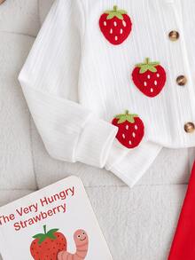 SHEIN Baby Girl Contrast Color 3D Embroidered Strawberry Decor Elastic Ribbed Thick Textured Fabric Cardigan Top And Elastic Brushed Base Layer Long Pants Set, Suitable For Winter - Red and White - View 4