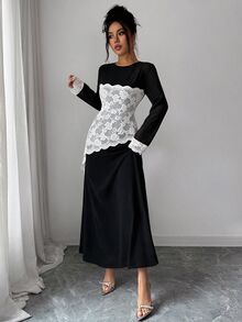 SHEIN Raffinéa فستان طويل أنيق جديد للنساء بتصميم غير متماثل مع رقعات دانتيل وخصر مشدود للتنقل اليومي - الأسود - مشاهدة 6