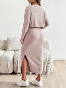SHEIN 孕婦純色圓領短袖上衣與裙子兩件套 - 藕粉色 - 查看 2