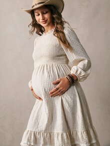 Boho Mama Maternity Solid Color Pleated Casual Party Travel Summer Dress - Khaki - View 5