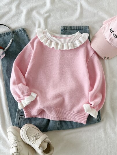 Girls' Sweater, Soft Pink Color With Contrast Trim Design That Young Girl Love, Suitable For Autumn/Winter Wear, Simple And Fashionable. Soft And Comfortable, Skin-Friendly; Loose Round Neck Design For Easy On And Off; Fitted Cuffs And Hem Suitable For Daily Wear, School, Park, Party And Other Occasions.