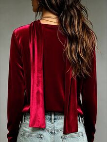 LUMIGAL Autumn/Winter Party Christmas Wine Scarf Decor V-Neck Pleated Design Long Sleeve Loose Fit Women's Top - Multicolor - View 2