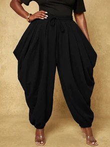 Slaydiva Plus Size Women's Pants, Olive Drawstring Side Draped Cuffed Harem Trousers Fall - Black - View 6