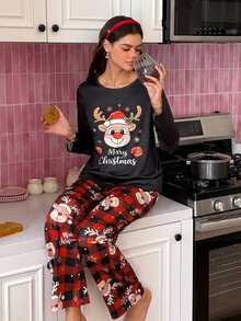 SweetSlumber Christmas Print Colorblock Round Neck Pullover Women Pajama Set - Multicolor - View 5