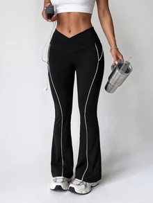 SHEIN Velisys Women's Colorblock Casual Daily Travel Sports Long Pants - Black and White - View 7
