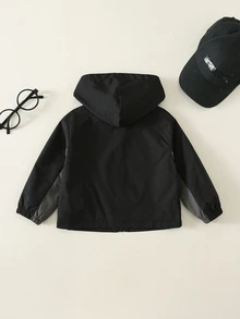 SHEIN 男嬰秋冬休閒時尚拼色拼接連帽夾克防風防曬外套 - 黑色 - 查看 2