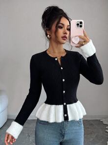 SHEIN Raffinéa Women's French Style Color Block Faux Mink Knit Cardigan, Autumn/Winter - Black and White - View 5