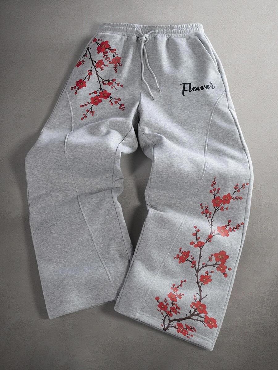STYNVO Men's Drawstring Waist Floral Pattern Casual Daily Wear Sweatpants - Grey - View 1