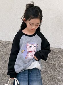 DAZY Tween Girl) Casual Colorblock Long Sleeve Sweatshirt Top Stylish Autumn Winter - Grey - View 9