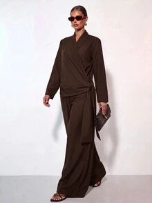 Zivah Solid Wrap Knot Side Blazer & Wide Leg Pants Suit Set - Brown - View 9