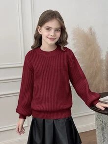 SHEIN 少女純色圓領長袖休閒百搭針織衫 - 紅色 - 查看 7