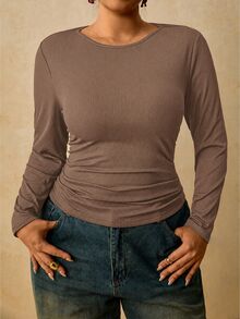 Travachic Plus Size Women Black Long Sleeve Round Neck Thermal Base Layer T-Shirt, Ruched Waist Flattering Belly Control Tee - Brown - View 4