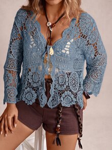 Freevana Plus Size Vacation Knit Hollow Out Cardigan - Dusty Blue - View 6