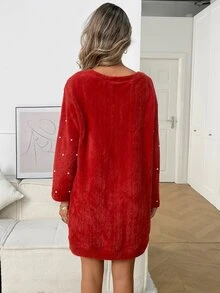 Balvessa Women's Faux Pearl Decor Asymmetrical Shoulder Casual Daily Summer Dress - Red - View 2