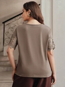 Anewsta Women's Short Sleeve T-Shirt With Hollow Lace Patchwork On Chest And Sleeves, Knit Fabric, Casual Commute Plus Size Tee - Brown - View 7