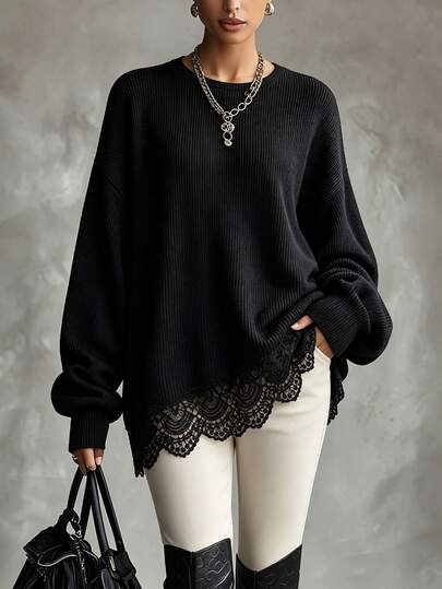 SHEIN 2026 Women's Autumn/Winter New Casual Round Neck Lace Patchwork T-Shirt, Made Of Vertical Ribbed Elastic Fabric, Asymmetrical Lace Trim Hemline, Suitable For Dating, Light Spicy Style, Daily Casual Occasions