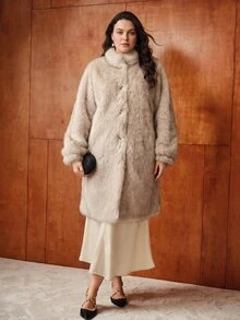 MOTF PREMIUM PLUS SIZE WOMEN AUTUMN WINTER STAND COLLAR LOOSE METAL BUTTON FAUX FUR COAT - Khaki - View 3