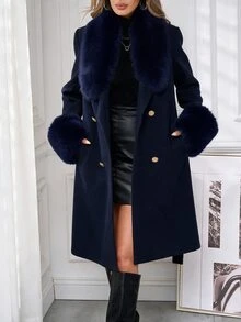 SHEIN Clasi 女款雙排扣繫帶毛絨飾邊優雅長版大衣，秋冬穿著 - 藏蓝色 - 查看 4