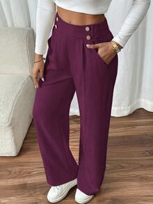 SHEIN PETITE CURVE Plus Size Women's Double Buckle Straight Leg Elegant Commuter Pants Fall - Red Violet - View 6