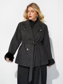 Plus Size Women's Knotted Waist Casual Daily Overcoat - Grey - View 5