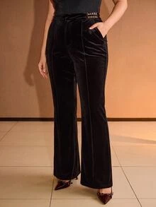 MOTF PREMIUM PLUS SIZE WOMEN'S ELEGANT AUTUMN/WINTER VELVET PANTS WITH POCKETS AND METAL DECORATION - Black - View 8