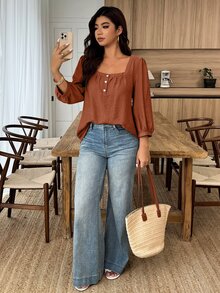 Weeklong Women Plus Size Spring Summer Casual Vacation Square Neck Button Mid Sleeve Solid Color Shirt, Suitable For Daily Wear And Vacation - Orange - View 4