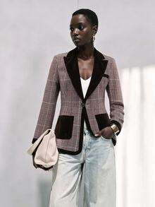 SHEIN Women's Autumn/Winter Vintage Plaid Velvet Patchwork Blazer Jacket - Multicolor - View 5
