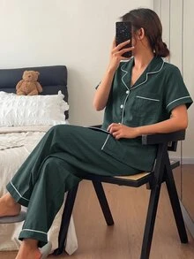 Napfluff 春夏女款休閒舒適條紋圖案開襟短袖長褲睡衣套裝 - 綠色 - 查看 6