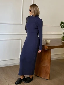 DAZY Solid Color Fitted Bodycon Tank Dress Short Pullover Long Sleeve Sweater Elegant Vacation Korean Style Autumn Winter Thickened Women's Sweater Two Pieces Set - Blue - View 5