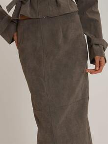 MUSEYN Grey PU Woven Detail Maxi Skirt Jacket Versatile Everyday Casual Fall - Olive Green - View 5