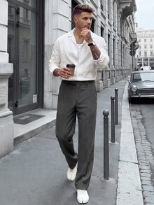 Manfinity CasualCool 男士簡約鈕扣式長袖襯衫，適合辦公與通勤 - 白色 - 查看 6