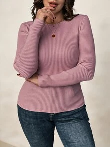 SHEIN Clasi 大尺碼女款淺杏色船領長袖打底上衣，秋冬基礎內搭針織套頭衫 - 粉色 - 查看 6
