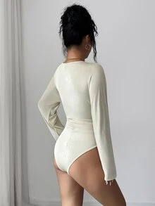 Selianne Women's Solid Color Round Neck Long Sleeve Ruched Casual Bodysuit - Champagne - View 2