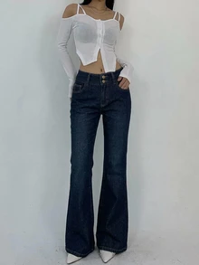 DAZY Women's Double-Breasted Zipper Half-Placket Elegant Fashion Versatile Denim Flare Pants - Dark Wash - View 3