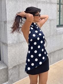 Firerie Women Summer Elegant Minimalist Casual Vacation Daily Commute Fashion Streetwear New Draped Backless Halter Neck Polka Dot Print Asymmetrical Hem Blouse Top - Navy Blue - View 6