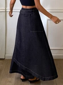 Dazy Tall Women's Long A-Line Casual Denim Skirt - Dark Wash - View 2