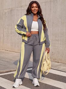 Slaydiva Plus Size Striped Colorblock Zip-Up Top And Loose Pants 2 Pieces Set - Multicolor - View 5