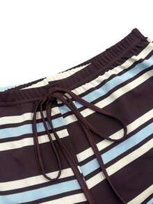 SHEIN Glamour Women's Casual Burgundy Striped Top And Drawstring Shorts Two Pieces Set Loungewear, Sportswear Two Pieces Set - Coffee Brown - View 5