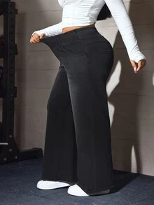 Flexra Women's Loose Straight Leg Stretch Plus Size Denim Jeans - Black - View 1