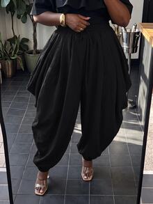 Slaydiva Plus Size Women's Pants, Olive Drawstring Side Draped Cuffed Harem Trousers Fall - Black - View 7